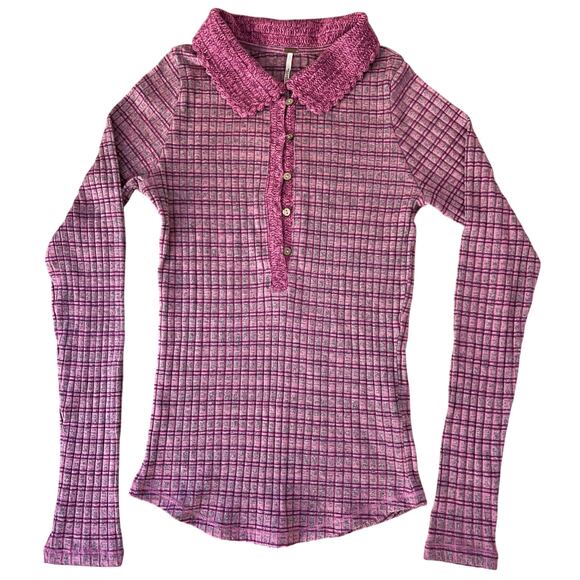 Free People Delilah‎ Henley Top Crochet Collar Pink Striped SM Vintage Style EUC - Picture 3 of 9